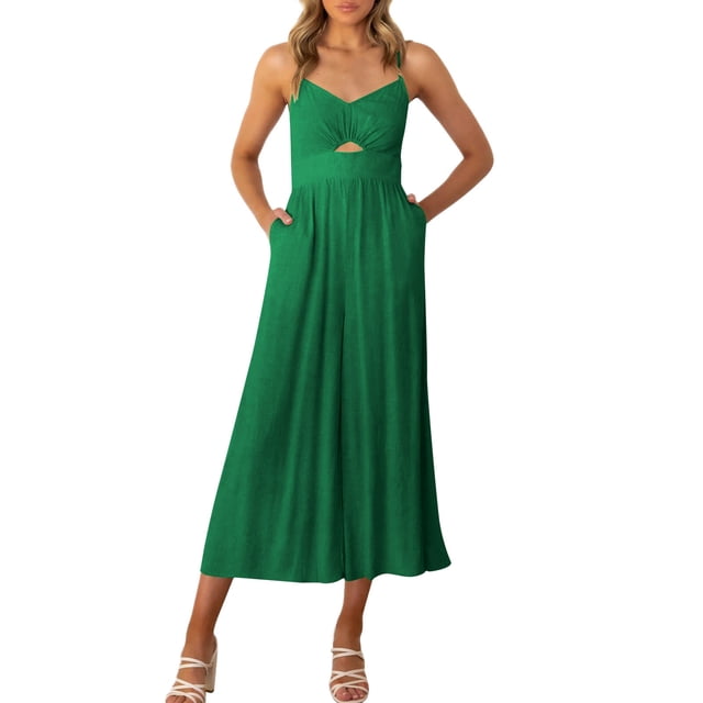 Gibobby Mono Corto Informal Mono de pierna ancha con bolsillo sin mangas y tiras finas huecas de Color sólido informal de verano para mujer(Verde, S)