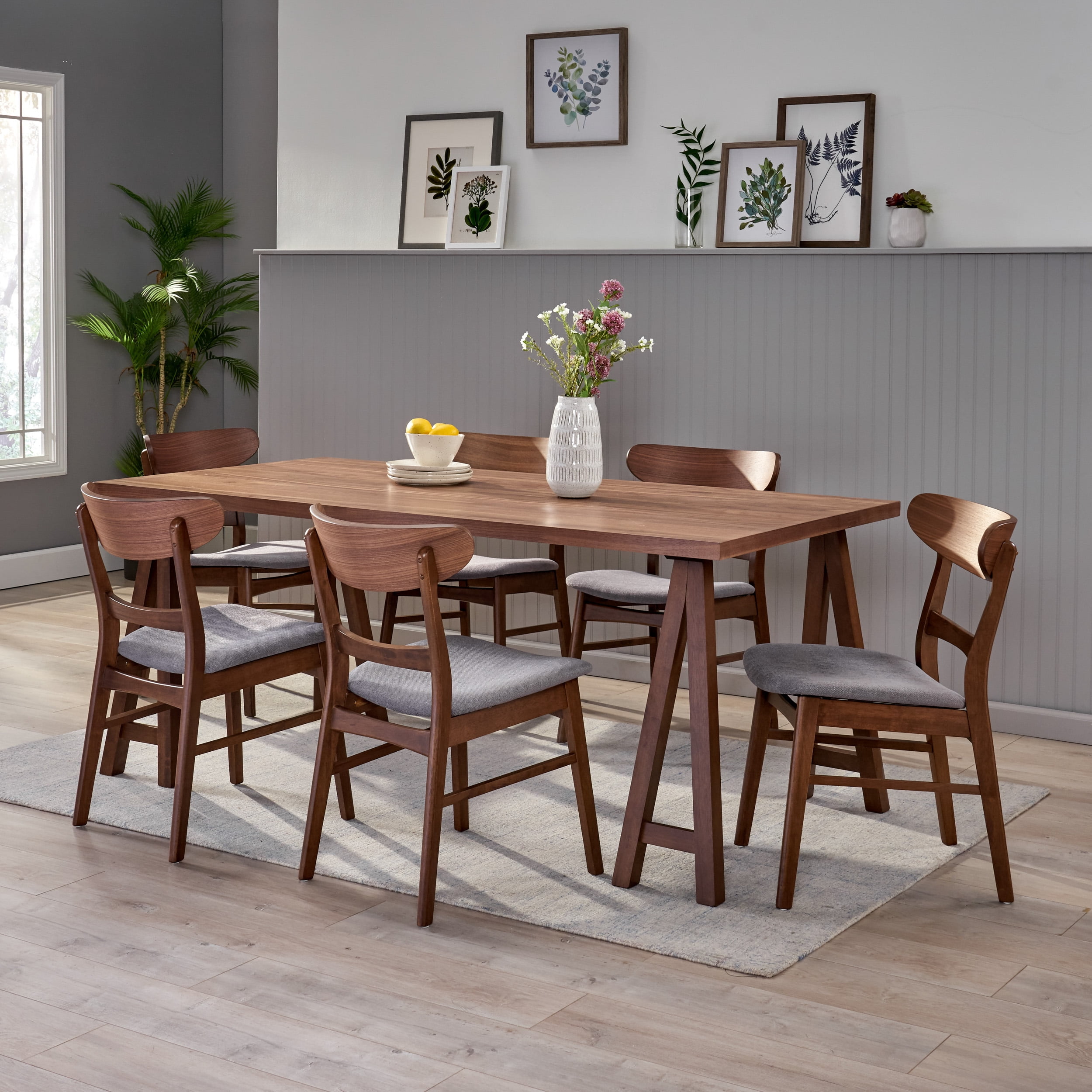 Noble House Lydia Mid-Century Modern 7 Piece Dining Set, Dark Gray and Walnut