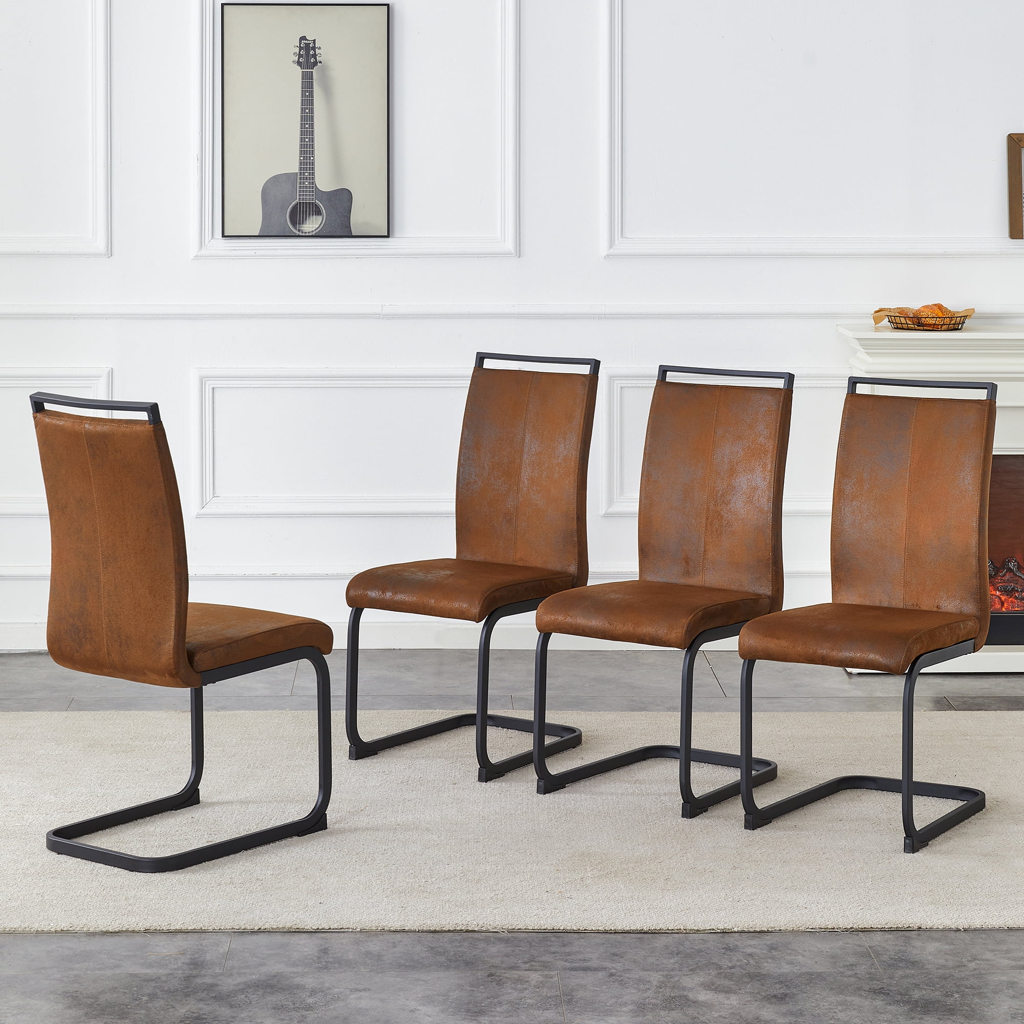 Dining Chairs Set of 4, Vintage Brown Tech Fabric Dining Chairs 39.3 Inch High with Ergonomic Backrest, 17 Inch Deep Seat, Modern Upholstered Chairs for Dining Room, Cafe and Leisure Area