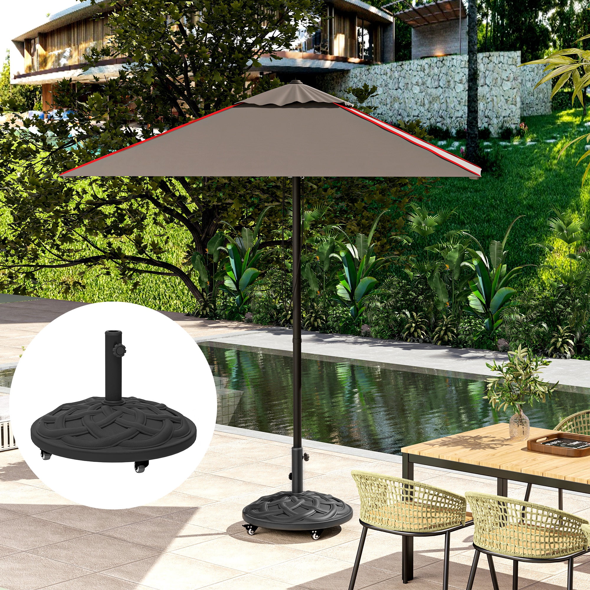 Outsunny Round Patio Umbrella Base with Wheels, 44 lbs Resin Umbrella Stand Base, Patio Umbrella Holder for 1.3"/1.5"/1.9" Umbrella Poles, Black
