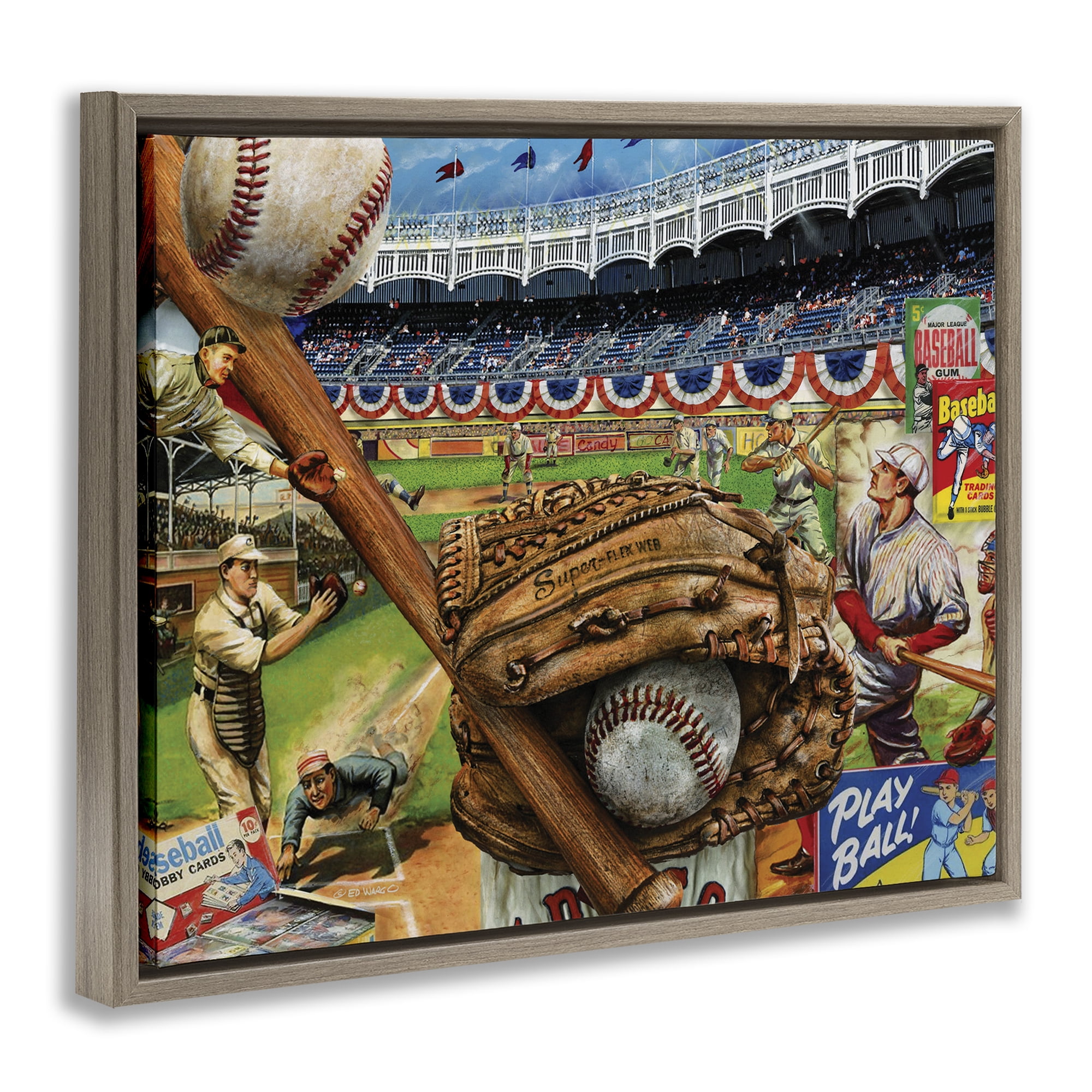 Stupell Industries Baseball Sports Collage Sports Painting Brown Floater Framed Art Print Wall Art, 21 x 17