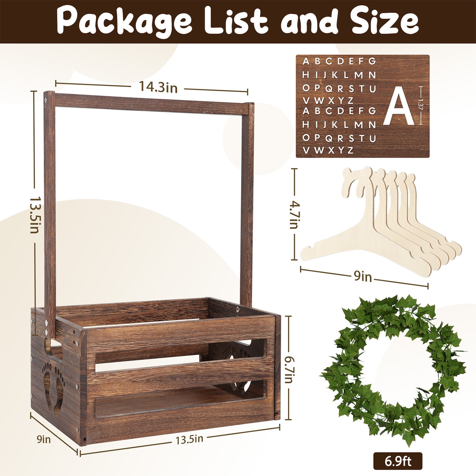 TeSabMi Baby Shower Gift Basket, Wooden Crate with Personalized Letters and Clothes Hangers, Newborn Gift Set (Brown)