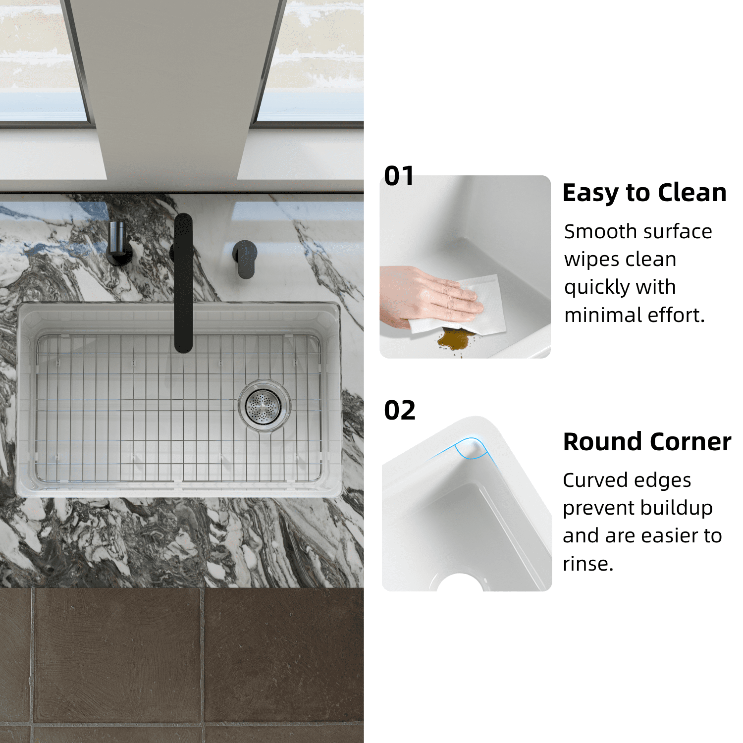 Los Flexi 30” × 19” White Kitchen Sink Fireclay Workstation Offset Drain Dual Mount Installation Deep Single Bowl Drying Rack Cutting Board Included