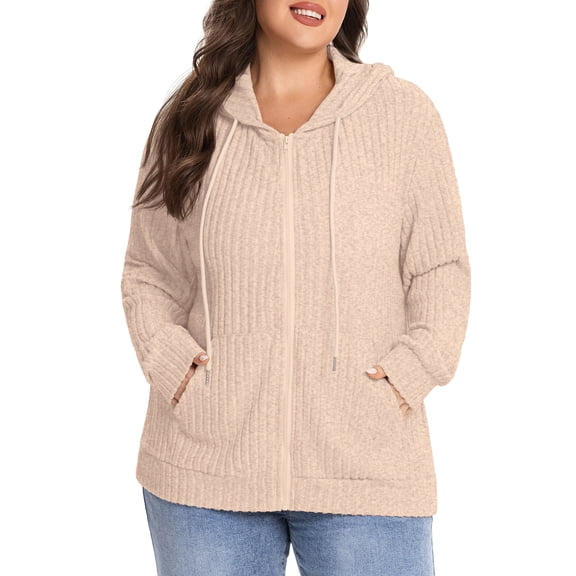 Cueply Plus Size Zip Up Hoodie for Women Lightweight Ribbed Knit Jacket Long Sleeve Sweatshirt with Pockets Casual Fall Winter Outerwear