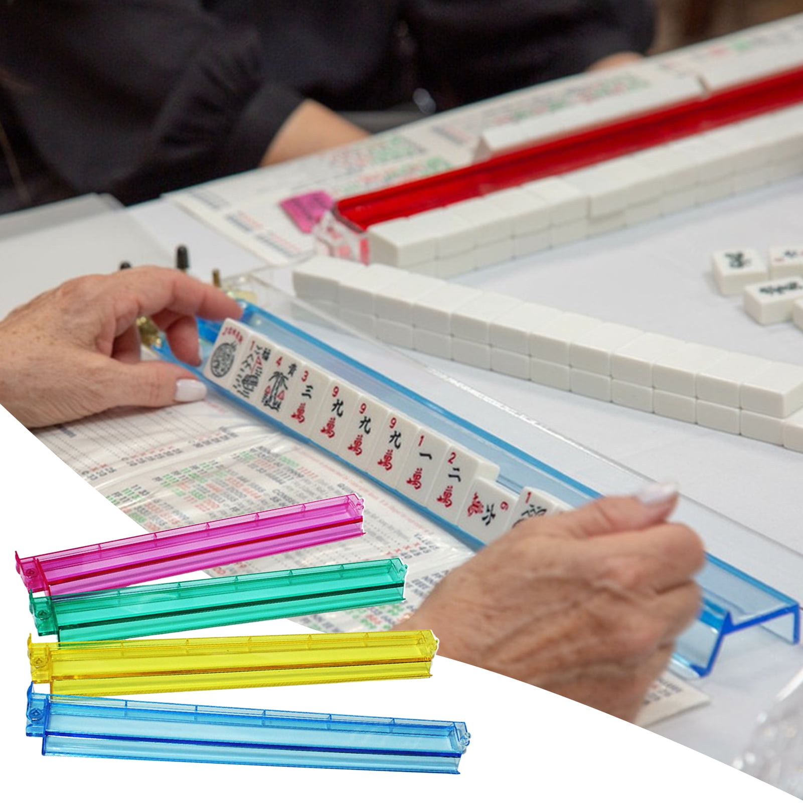 YIFAEUX 4 Pcs Mahjong Pushers Mini Mahjong Push Ruler Clear Acrylic American Majiang Tile Racks Set for Playing Mahjong Game