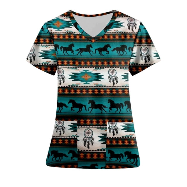 Snoarin Hauts d'Été Grande Taille pour Femmes Mode Manches Courtes Col en V Uniformes de Travail avec Poche Imprimée en Liquidation