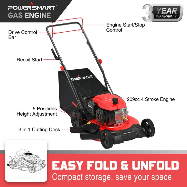 CITYLE Power Smart Lawn Mower Cordless Self Propelled Lawn Mower Gas Lawn Mower 21 Inch Cutting Deck 209CC 5 Cutting Heights Adjustable 4 Stroke