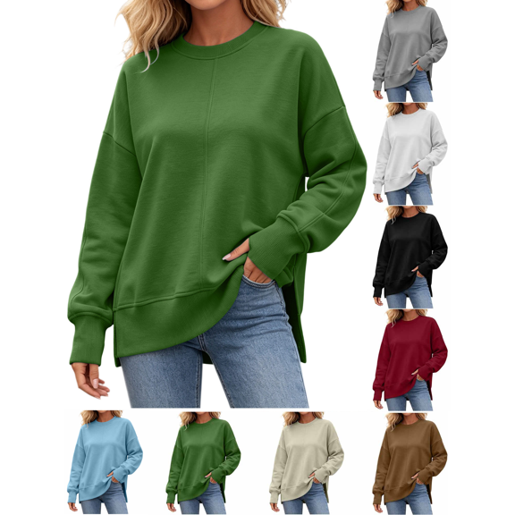 Womens Sweatshirts Casual Comfort Pullover Fall Winter Outfits Solid Color Crew Neck Loose Fit Sweat Shirts with Thumbhole Cuffs