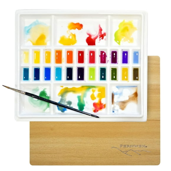Palette en Céramique Aquarelle Porcelaine avec Couvercle en Bois - 12x10 Pouces, 22 Puits Plus 6 Grands Puits - Plateau de Mélange Professionnel Durable pour Artistes Aussi Ror Gouache, Acryliques & Plus - Keep Sake Q