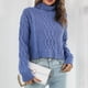 thumbnail image 2 of Suéter corto para mujer, tejido por cable, cuello alto, suéter holgado, suéter para otoño invierno, azul M, 2 of 5
