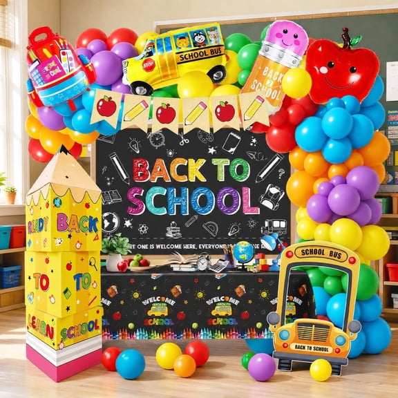Xizondidi Back To School Decorations First Day of School Balloon Garland Kit with Apple Pencil Banner Backdrop Boxes SchoolBus Photo Prop Foil Balloons Tablecloth for Kindergarten