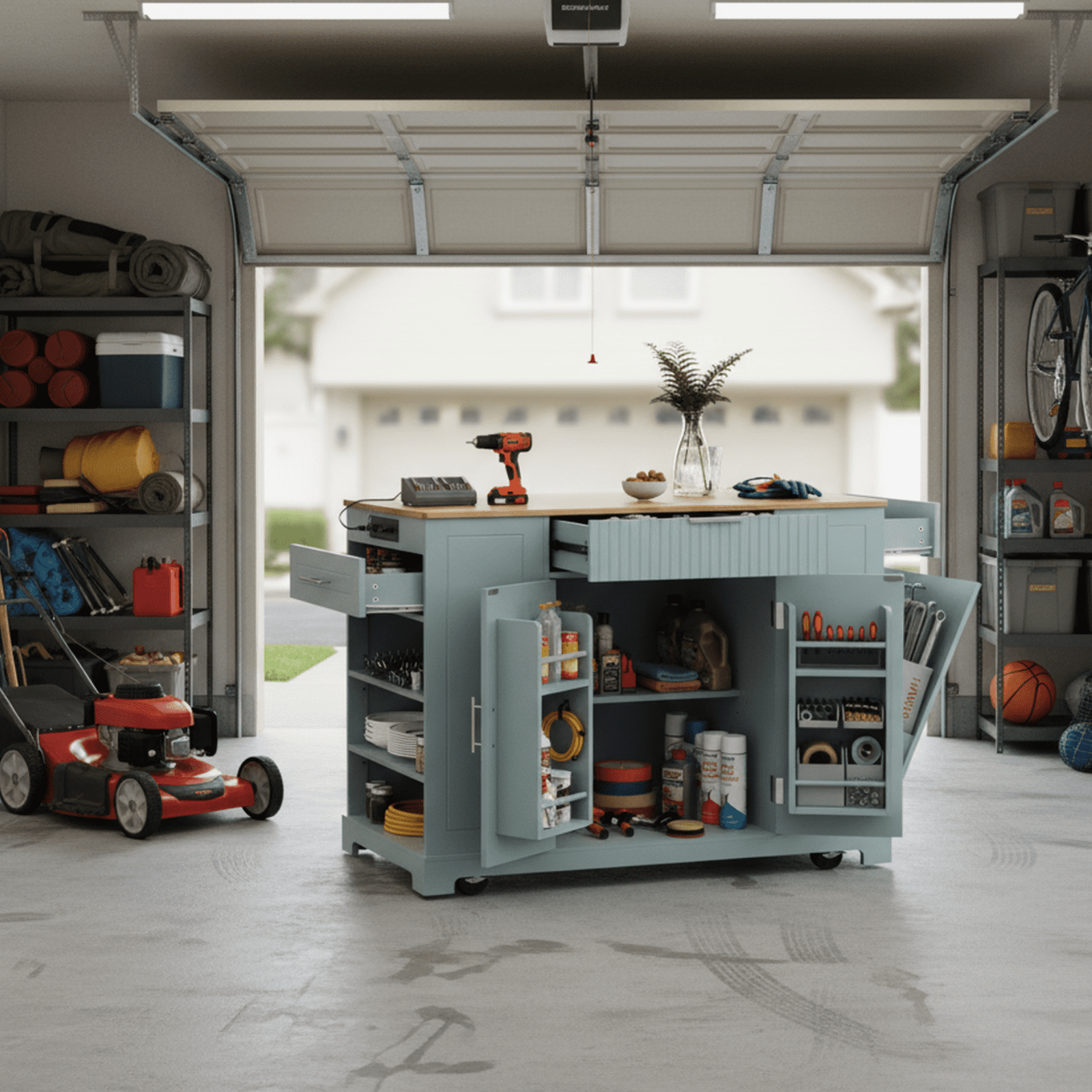 Homy Casa 48" Rolling Garage Cabinet, Drawers, Adjustable Shelves,Power Outlet, for Workshop, Grey Blue