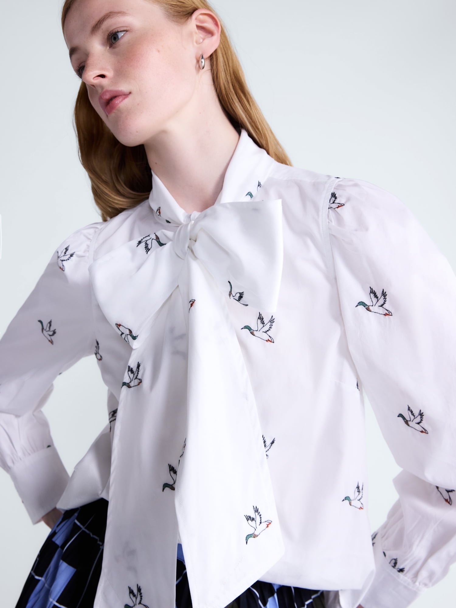 Free Assembly Women's Tie Neck Print Cotton Shirt with Long Puff Sleeves, Sizes XS-XXL