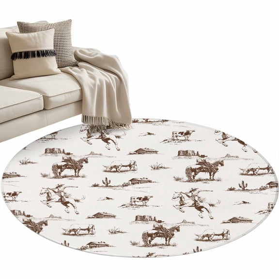 Western Cowboy Round Area Rug 4ft Retro Brown Desert Ethnic Horse Non-Slip Washable Circle Rugs Soft Felt Indoor Floor Mat for Bedroom Kitchen Living Room Bathroom