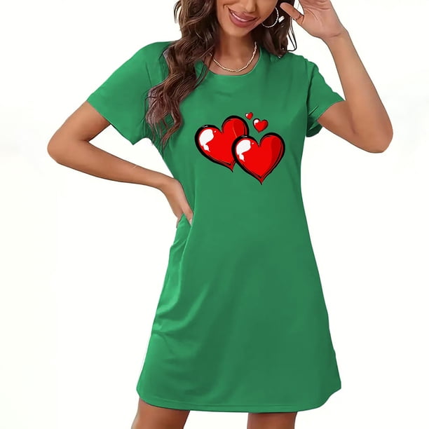 Camisón corto de San Valentín para mujer, talla grande, estampado en el pecho, cuello redondo, manga corta