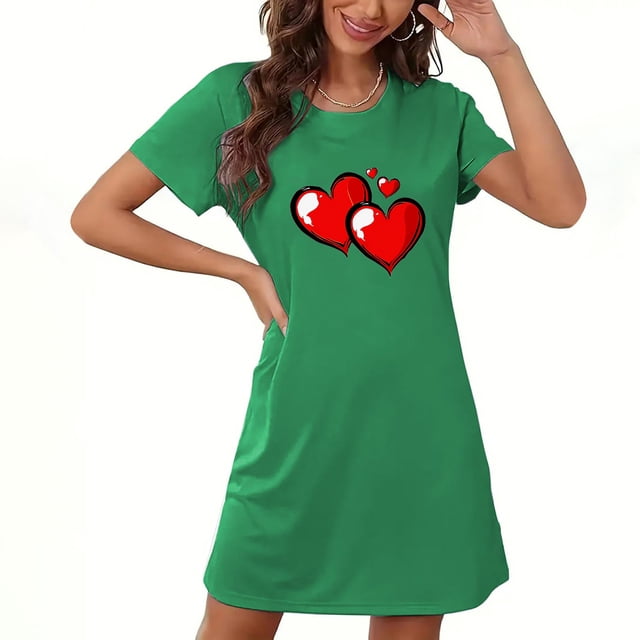 Camisón corto de San Valentín para mujer, talla grande, estampado en el pecho, cuello redondo, manga corta