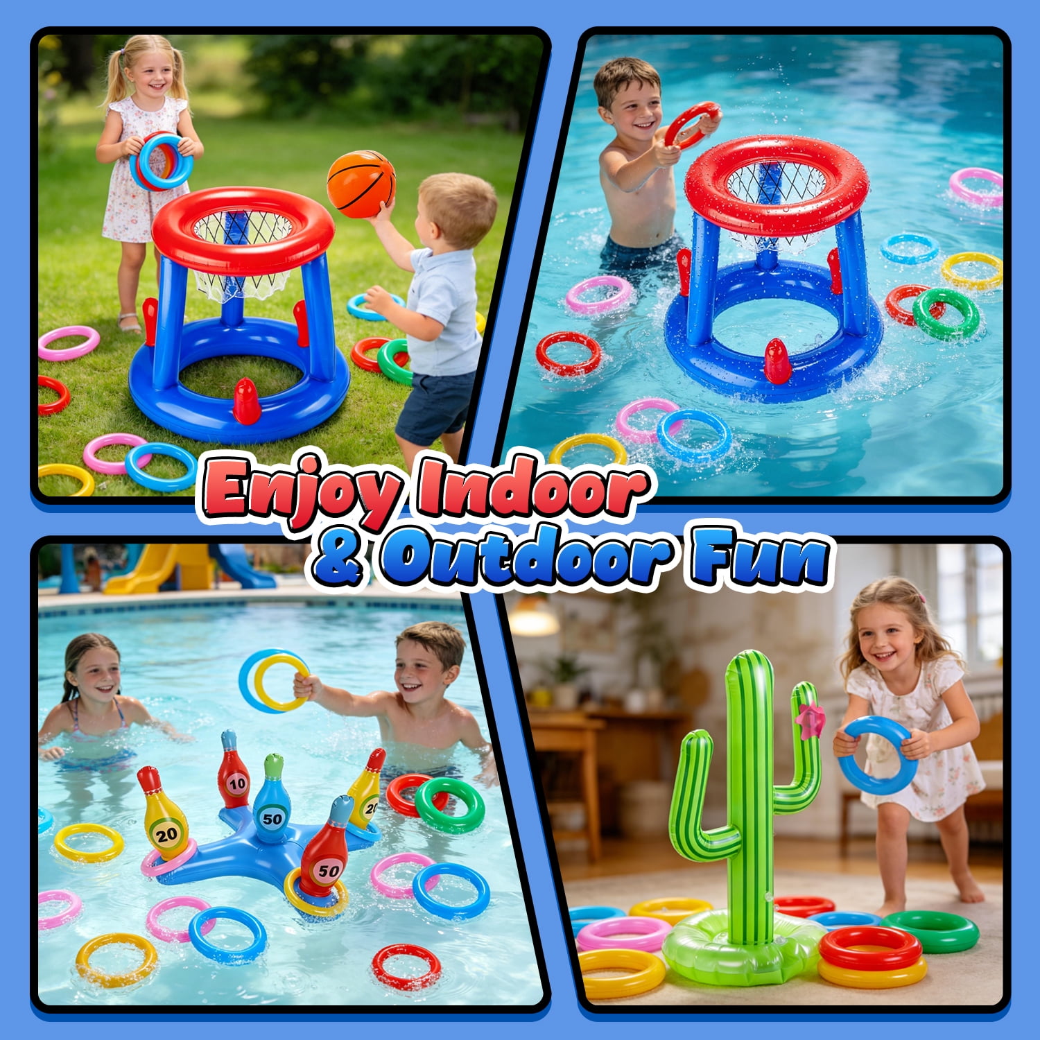 JoyStone Pool Toys Games Set, Floating Basketball Hoop Inflatable Cross Ring Toss Game Toys for Kids Adults, Summer Party Swimming Pool Water Games