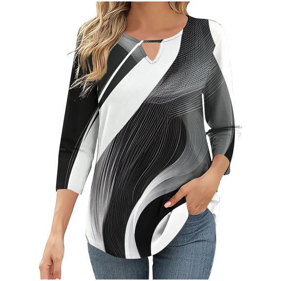 Women 3/4 Sleeve T-Shirts Floral Printed Shirt Hollow Out Tees Crew Neck Blouse Color Block Top Fashion Casual Tshirt Loose Fitted Tunic Tops Summer Travel Vacation Clothes Garment