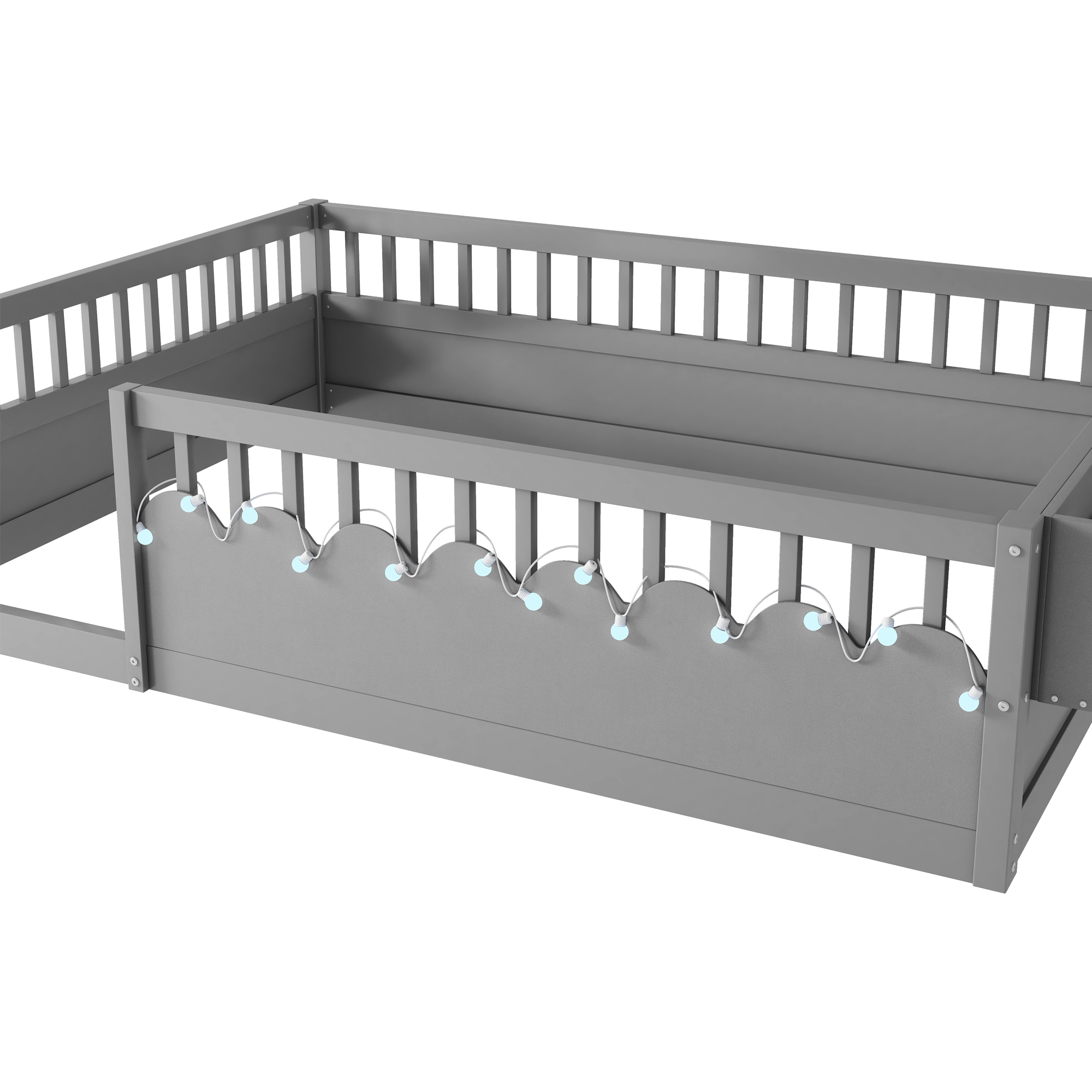 Euroco Wood Full Size Montessori Floor Bed with Guardrails and LED Light, Kids Bed with Storage Shelves, Gray