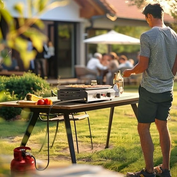 Bonnlo 2 Burner Portable Propane Griddle, 20,000BTU Gas Griddle Grill with Nonstick Enameled Tray, Rolling Flat Top Gas Grill w/Electronic Ignition, Side Shelve & Regulator, Ideal for Outdoor Cooking