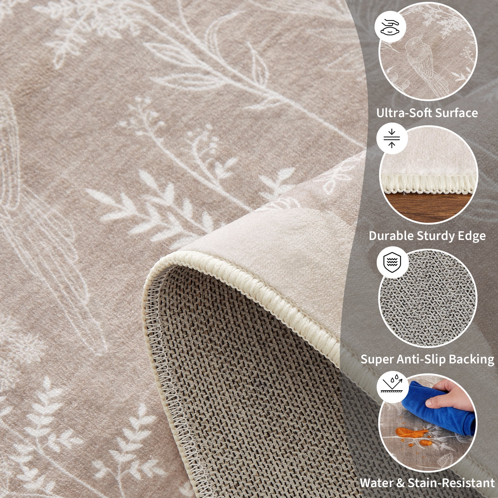 Hasoo 9' x 12' Large Area Rug for Dining Room Durable Washable Floral Indoor Scallop Border Carpet Stain Resistant Rugs for Bedroom, Camel