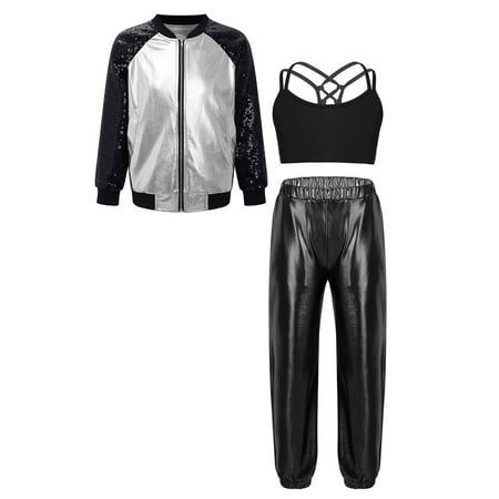 Doomiva Kids Girls Long Sleeve Bomber Jacket Dance Crop Top Sports Bra Vest with Pants Set Jazz Street Dancewear Black&Silver 6