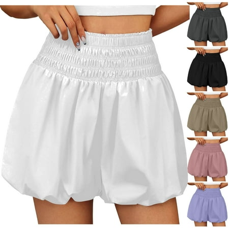 MASRIN Shorts for Women Summer Trendy 2025 Smocked High Waisted Bubble Shorts Cute Ruffle Bloomers White L