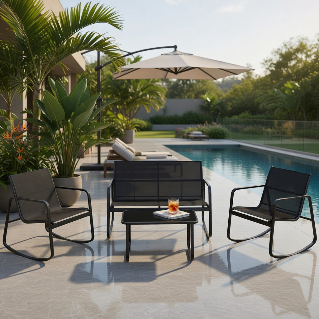 Hommoo 4-Piece Metal Patio Rocking Set with Tempered Glass Coffee Table, Outdoor Rocking Chairs & Loveseat for Backyard, Poolside & Balcony, Black