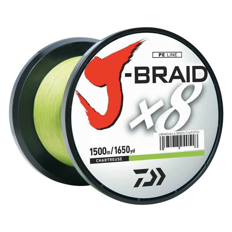 Daiwa J-BRAID x8 Braided Fishing Line (CHARTREUSE) 8lb, 1650yd/1500M Bulk  Spool - JB8U8-1500CH 