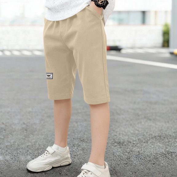 FSYBOA Boys Cargo Shorts, School Knee Length Casual Elastic Waist Kids Summer Shorts Khaki Size 14-16T