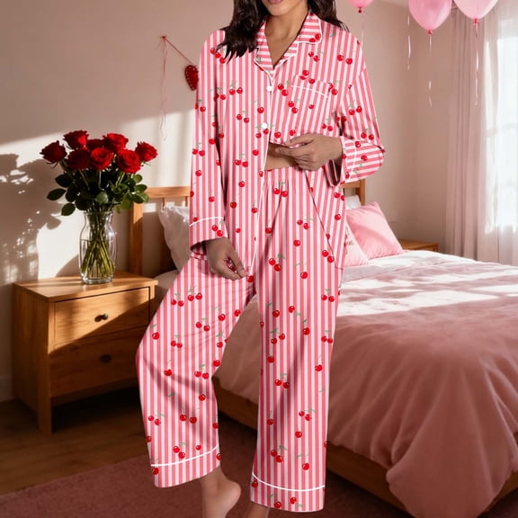 Women 2 Piece Pajama Set Heart Print Long Sleeves Button Down Lapel Shirt Long Pants Matching Sets Loungewear Pink L
