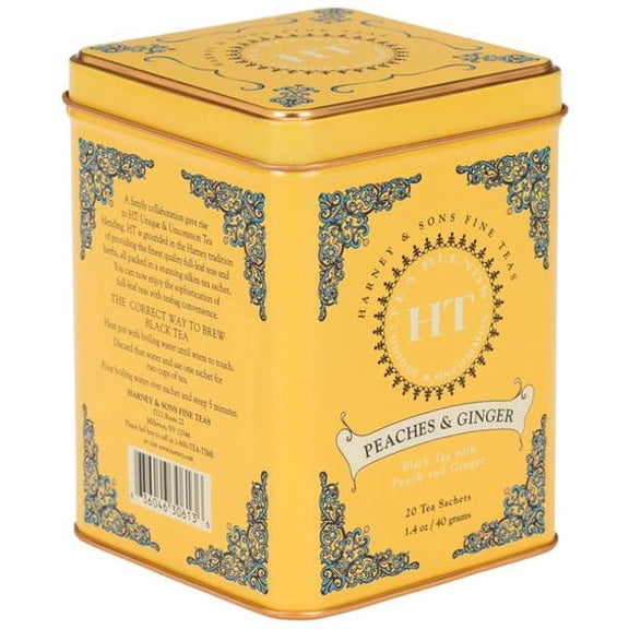 Harney & Sons Peaches and Ginger Tea Tin Caffeinated 20 Sachets 1.4 Ounces