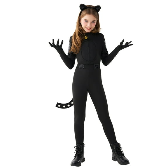 Joyfy Black Cat Costume for Girls, Kids Cat Outfit Set with Tail, Child Black Cat Halloween Costume for Cosplay Party