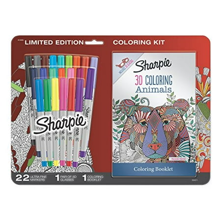 Sharpie Permanent Markers, Ultra Fine Point, Assorted Colors with 3D Animals Adult Coloring Booklet, 24 Count