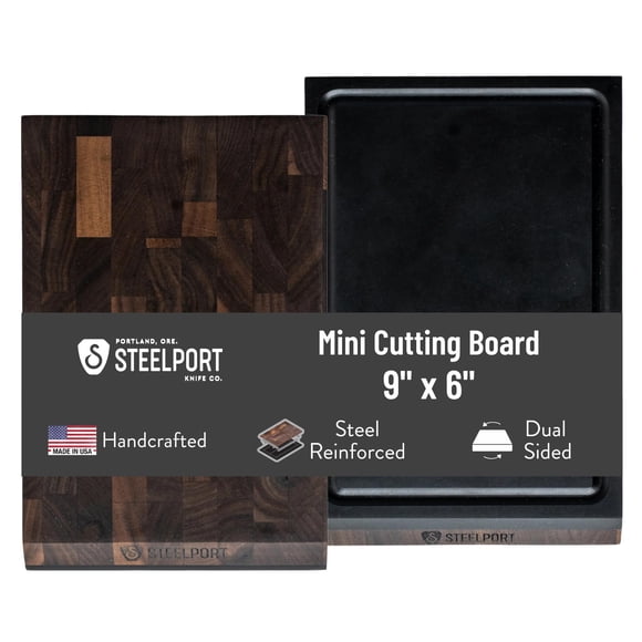 STEELPORT Mini Cutting Board 9"x6" - Steel Reinforced, Utlra-thin Butcher Block | Dual Sided - End-grain Walnut Wood, Composite Side | Chopping Board