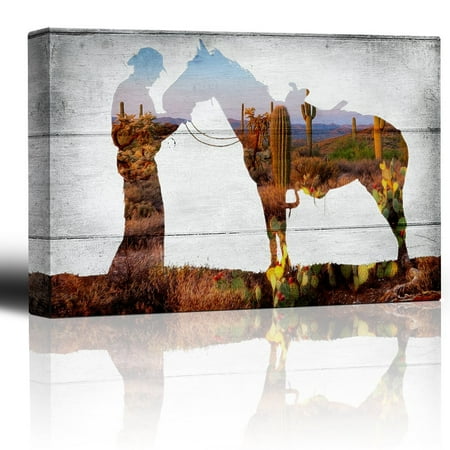 wall26 - Desert Landscape Scene Through a Horse and Rider Silhouette on a Rustic Wood Background - Country Western Artwork - Canvas Art Home Decor - 12x18