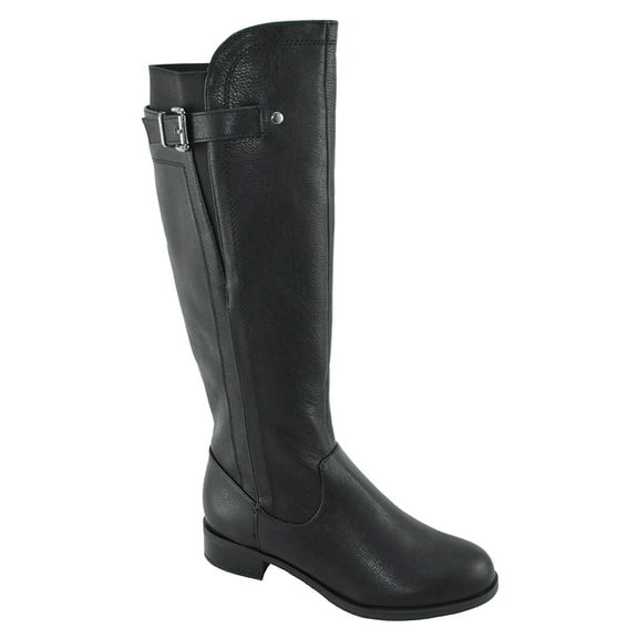 Encina-S Black Soda Women Buckled Flat Riding Boots Side Zipper Knee High Elastic Calf 5.5