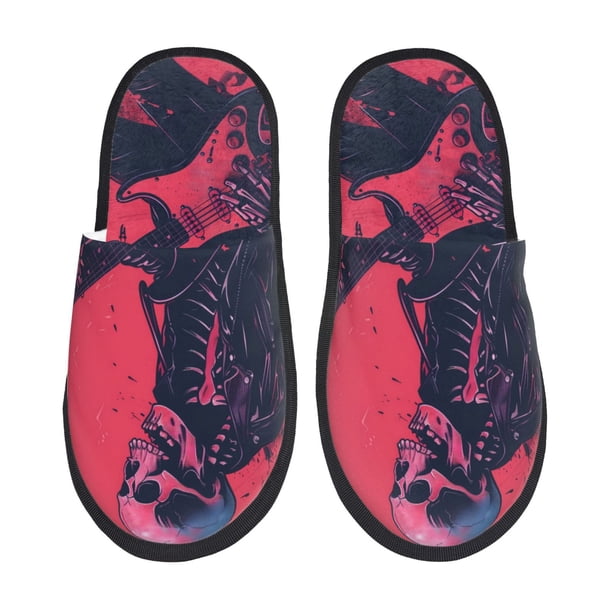 Balery Rock Skull Guitarist Pantuflas de Casa de Felpa Silenciosas con Diseño Estampado, Zapatillas Cómodas Antideslizantes de Algodón para Interior-Large