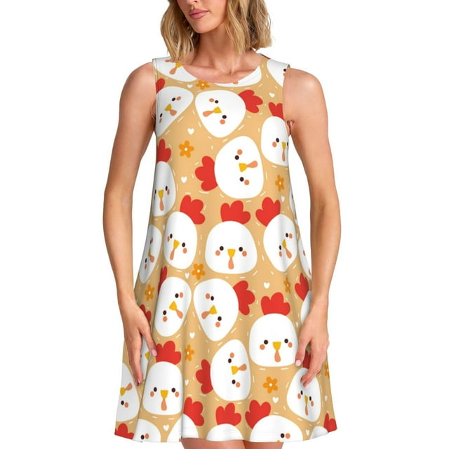 Fotbe Cartoon Chicken Vestido de Verano sin Mangas para Mujer – Vestido Midi Línea A, Estilo Camiseta Floral, Vestido Playero Casual y Fluido