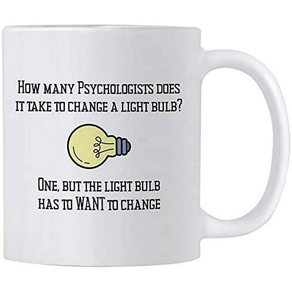 Psychology Gifts. 11 oz White Ceramic Psychologist Coffee Mug. Funny Psychiatrist or Psychologists Light Bulb Joke.