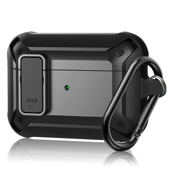 Case Cover Fit for AirPods Pro with Lock, Military Armor Series TPU Full-Body Protective Case with Keychain Compatible with AirPods Pro 2019, Shockproof, Black