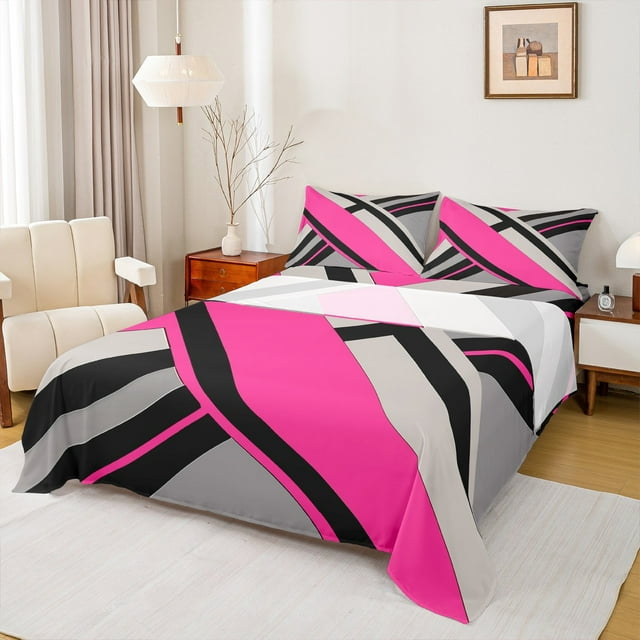Erosebridal Geometry Stripes Print Bed Sheets Set Queen Size,Modern Design Bedding Sets Queen Size,Pink Gray Bed Sheets Queen,Breathable Bedroom Decor,4 Pieces