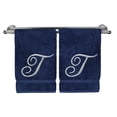 thumbnail image 2 of Monogrammed Hand Towel, Personalized Gift, 16 x 30 Inches - Set of 2 - Silver Embroidered Towel - Extra Absorbent 100% Turkish Cotton- Soft Terry Finish - For Bathroom, Kitchen and Spa- Script T Navy, 2 of 3