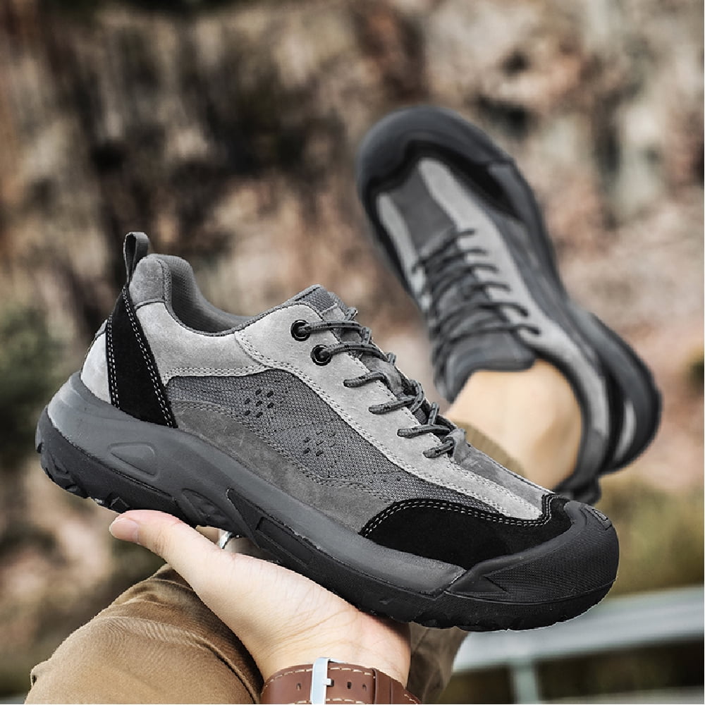 Mens Leather Outdoor Hiking Shoes Casual Breathable Sneakers Non-slip Wearable Work Shoes Comfortable Driving Shoes Gray 8 UK