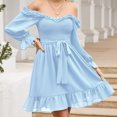thumbnail image 4 of IROINNID Long Sleeve Dress for Women Solid Spring and Summer Long Sleeve Belt Waist Ruffle Sleeve Round Neck Dress Clearance,Light Blue, 4 of 8
