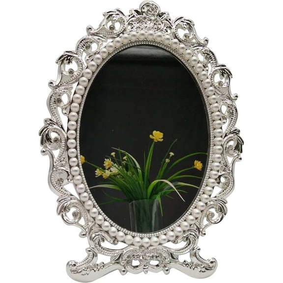 5X7in Decorative Vintage Tabletop Mirror Retro Metal Countertop Vanity Makeup Mirror Rose Embossed Antique Oval Mirror with Stand for Home, Bedroom, Dressers, Living Room, Bathroom （silver）