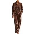 thumbnail image 2 of Brnmyaeo Women's Velour Tracksuit Set Mock Neck Velvet Loungewear Outfit Henley Button Pullover Loose Fit Wide Leg Lounge Pants Fall 2 Piece Sets, 2 of 8