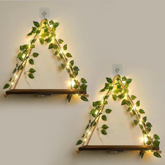 Floating Shelves,Plant Wall Decor,Wall Shelf,No Drill Shelves,Decorative Leaves and Light Strip,Set of 2 Plant Shelf Wall,Christmas Day for Decorating Room(White Flower)