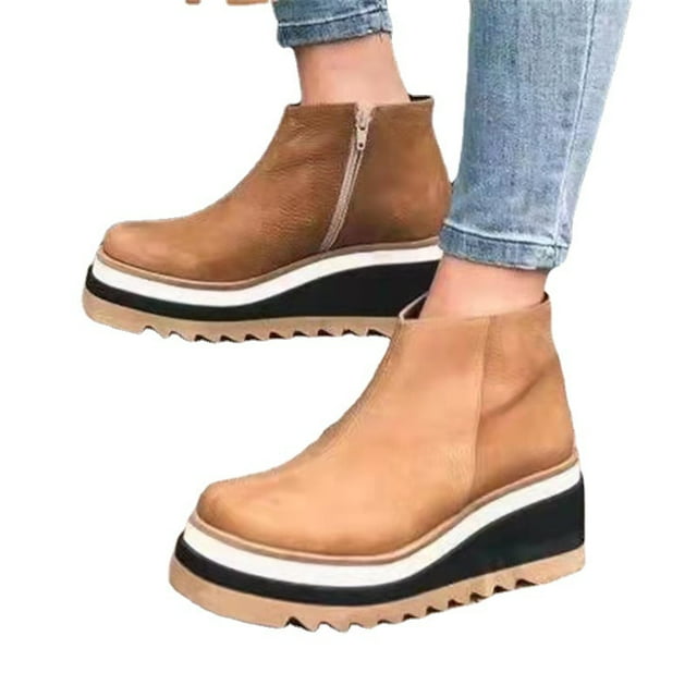 Bottes Plates-Formes pour Femmes avec Fermeture Éclair Latérale à la Mode pour l'Hiver Automne