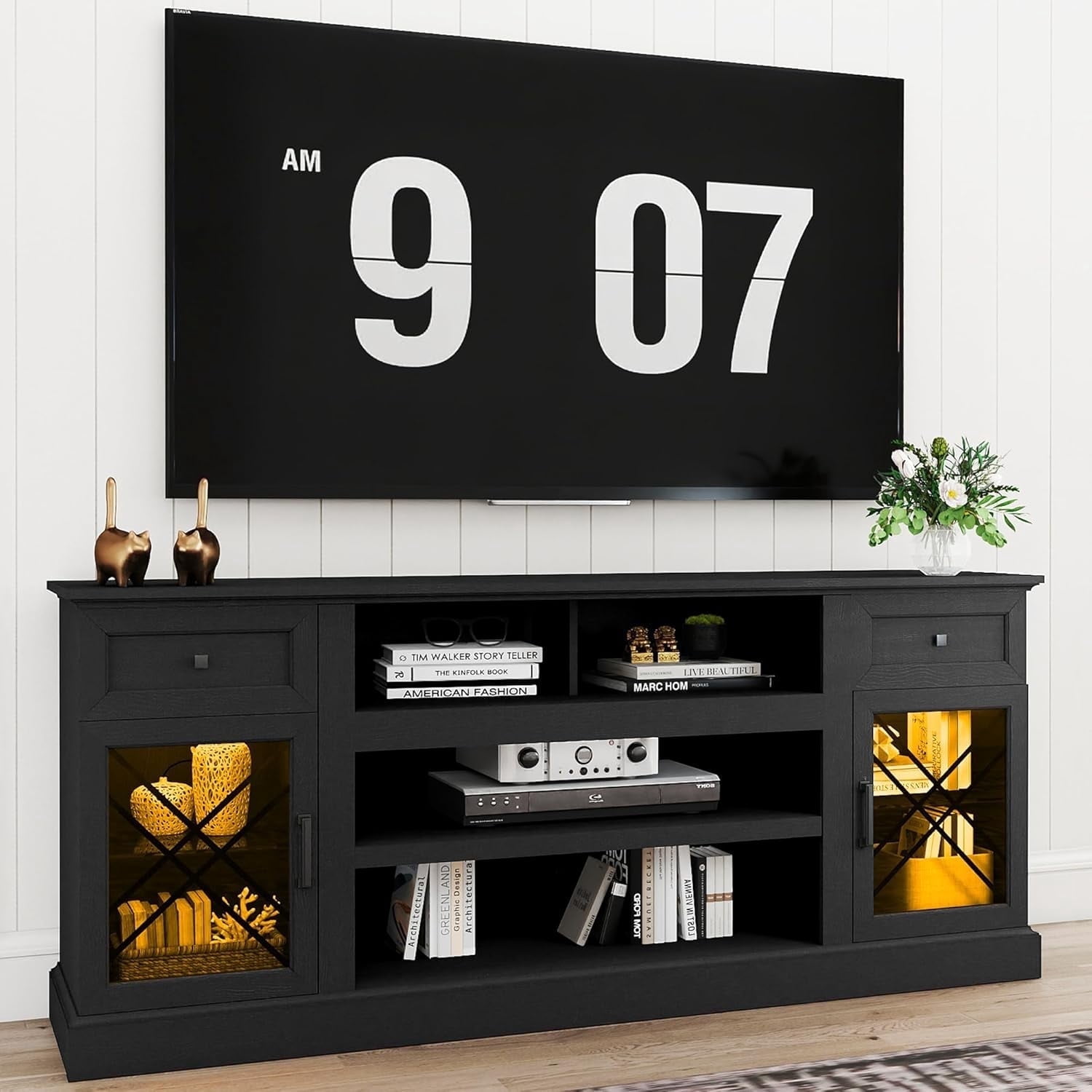 FIAKOA 70 inch Farmhouse TV Stand for 80 inch TV, Modern Entertainment Center with LED Lights, Wooden TV Stand Table with Glass Doors for Living Room (Black)